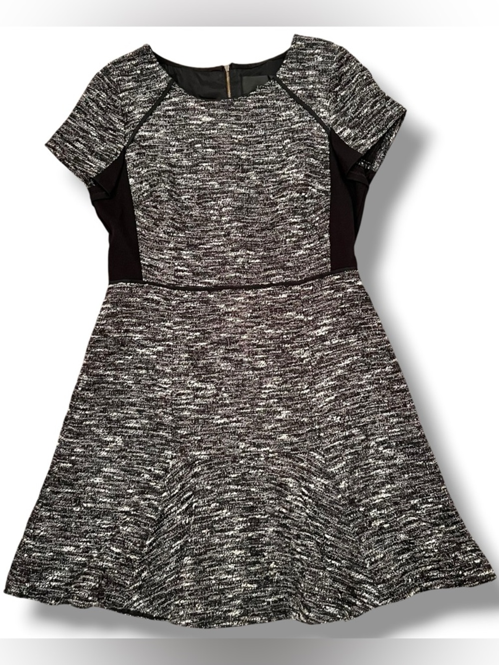 J Crew Black Gray White Mixed Tweed Panel Fit and Flare Flounce Dress Sz 12 EUC
